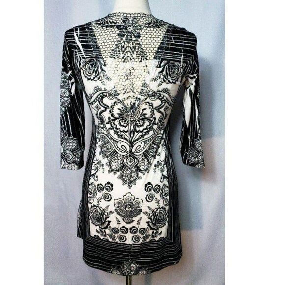 Women Black and White Long Sleeve Silk Midi Stretch Dress Medium - Picture 4 of 7